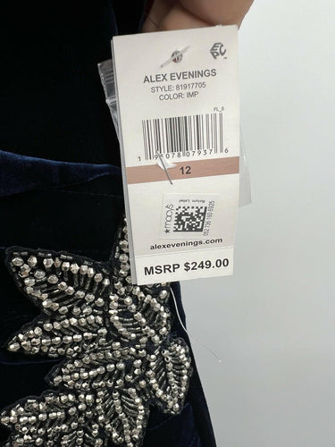 Alex Evenings Velvet Off Shoulder Beaded Gown Formal Navy Blue Maxi SIZE 12 Alex Evenings