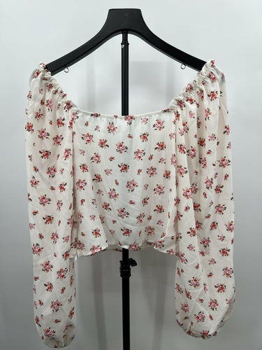 Abound Top White Ditsy Floral Pink Off Shoulder Puff Sleeve Crop M Abound