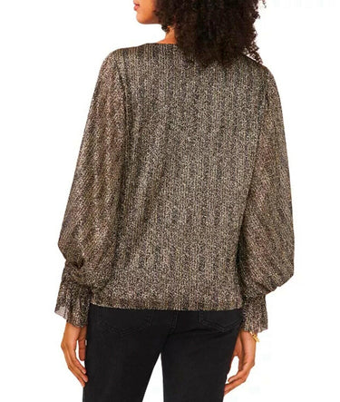 Vince Camuto Women's V-Neck Long-Sleeve Smocked-Cuff Blouse - Rich Black Size L Vince Camuto
