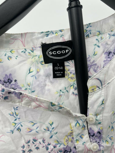 Scoop Blouse Womens Floral Boho Peasant Top Button Front Lavender Yellow L 12-14 Scoop