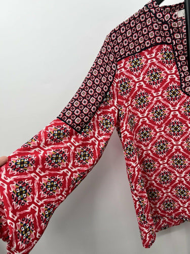 LOFT Blouse Womens Mixed Print Peasant Top Split Neck Red Navy Boho Tunic M Split