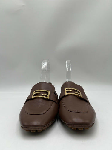Fendi Baguette Brown leather loafers gold-toned FF logo Size 36.5