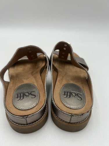 Sofft Pewter Metallic T-Strap Slide Sandals Square Studs Comfort Size 7
