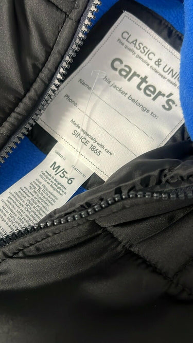Carter's Boys Quilted Puffer Jacket Black Blue Fleece Lined Winter Coat NWT 5/6 Carter's