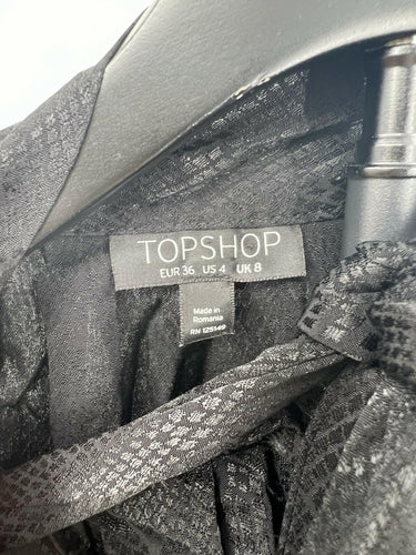 Topshop Blouse Black Snake Print Tie Neck Long Sleeve Sheer Pleated - Size 4