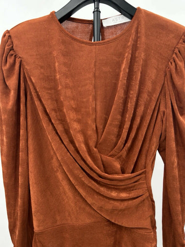 ASTR the Label Womans Rust bodysuit draped faux-wrap front Puffed Size S