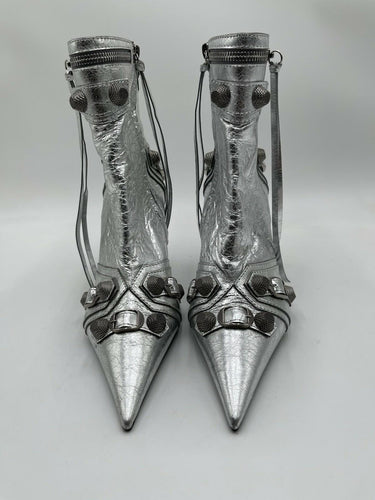 Balenciaga Le Cagole studded crinkled-leather ankle boots in silver Size 37.5