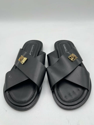 Roberto Cavalli 'Class Cavalli' Men slippers gold-tone logo Black Leather Size 42