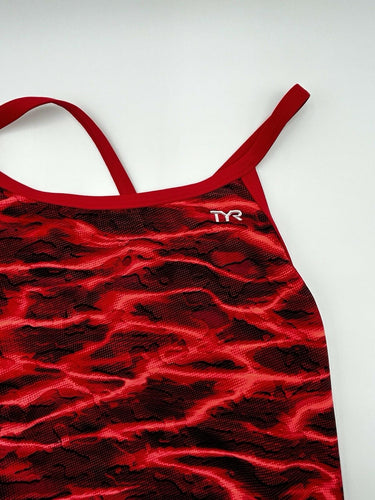TYR Woman’s red and black patterned Lambent Cutoutfit Swimsuit Size 40 TYR