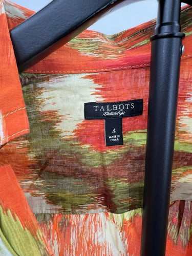 Talbots Ikat Print Tunic Top Orange Green V-Neck Cotton Blouse 4