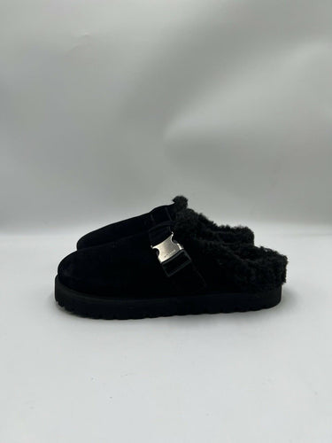 Women’s Moncler Mon shearling-lined Black suede mules buckled strap Size 37 Moncler