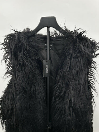 City Chic Woman’s black shaggy long-hair faux fur vest Fluffy Open Front Size L City Chic