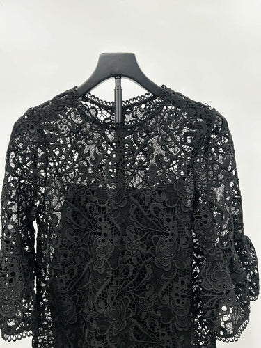 Monique Lhuillier Womans Black Short Sleeve Dress Black Lace Flared Size 8