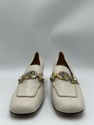Gucci ZUMI Interlocking GG Block Mid Heel Loafer Pumps White Leather Size 37.5