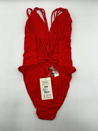 Malai Woman’s one-piece swimsuit intricate braided Red Plunging V Size M