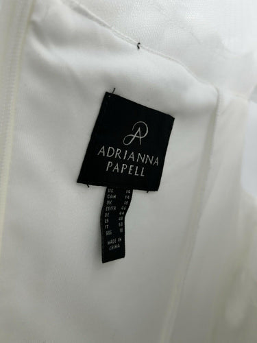 Adrianna Papell Stretch White Crepe Sheath Dress Illusion Neckline & Ruffle 14