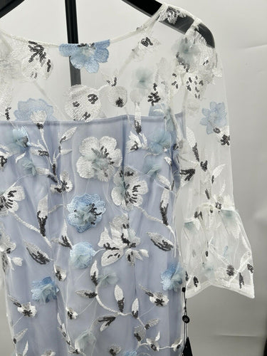 Adrianna Papell Embroidered Bell Sleeve Dress Sheer Mesh Blue Silver Floral 4