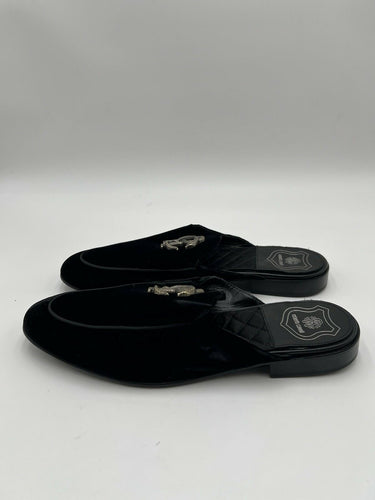 Roberto Cavalli mules black velvet gold-tone Mirror men Snake logo Size 43 Roberto Cavalli