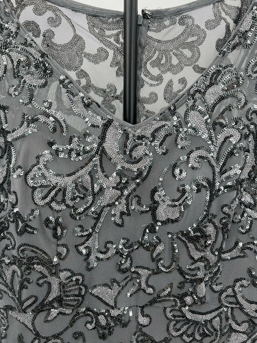 Alex Evenings Sequin Lace Evening Gown Short Sleeve Gunmetal Silver Maxi SIZE 6 Alex Evenings
