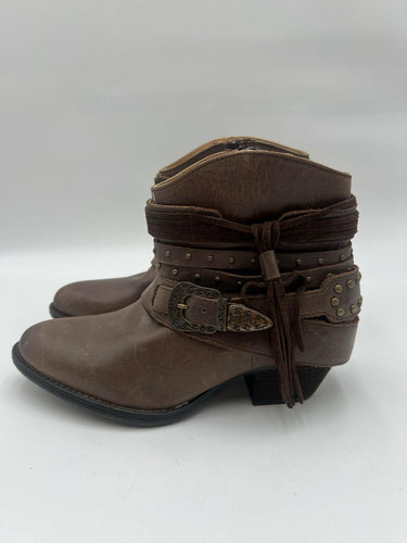 Shyanne Brown Leather Fringe Studded Western Ankle Boots Size 7.5
