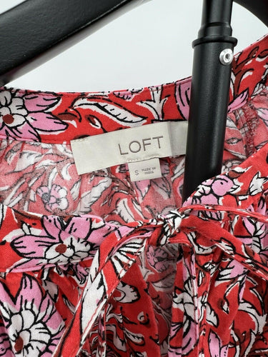 LOFT Blouse Womens Red Pink Floral Puff Sleeve Tie Neck Boho Top S Small Loft
