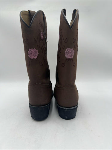 Shyanne Floral Embroidered Brown Leather Snip Toe Pull On Western Boots Girl 6D