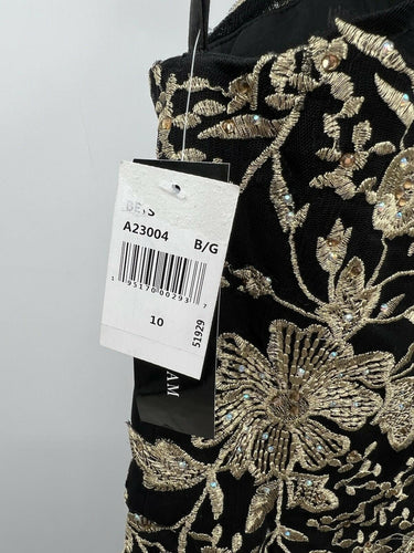 NWT Black Gold Embroidered Floral Halter Evening Gown Dress 10