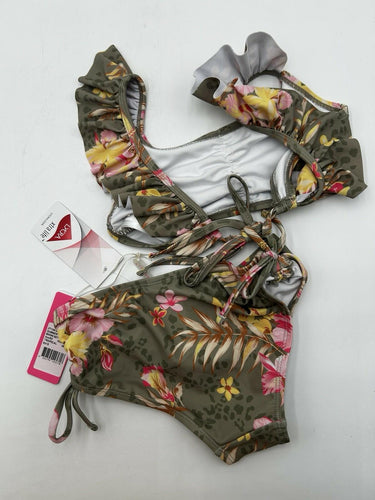 Seafolly Girl’s Summer Tropical Bikini Set Olive Green Ruffle Size 10