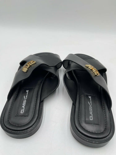 Roberto Cavalli 'Class Cavalli' Men slippers gold-tone logo Black Leather Size 42