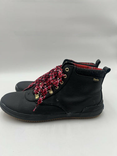 Keds Black Coated Canvas Hiker Ankle Boots Plaid Lining Red Laces Size 10