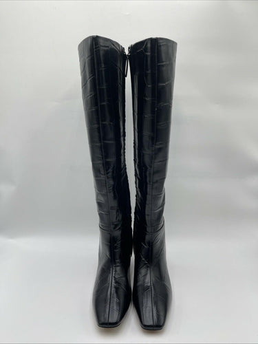 3.1 PHILLIP LIM “Tess” Black Croc-Embossed Square Toe Zip Up Leather Boots, 37