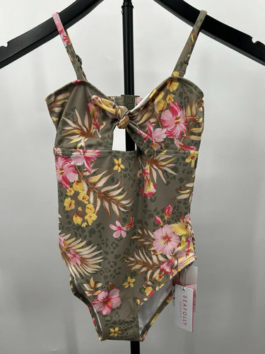 Seafolly Girls olive green one-piece swimsuit Tropical Pattern Size 10