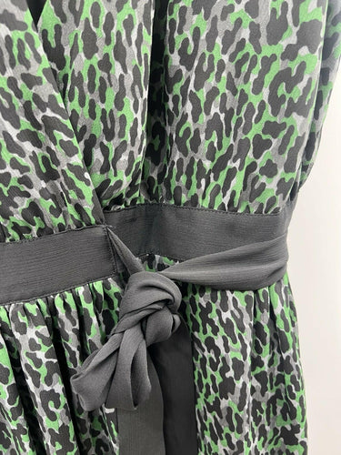 DKNY Dress Womens Chiffon Animal Print Green Black Wrap V Neck Tie Waist XS DKNY