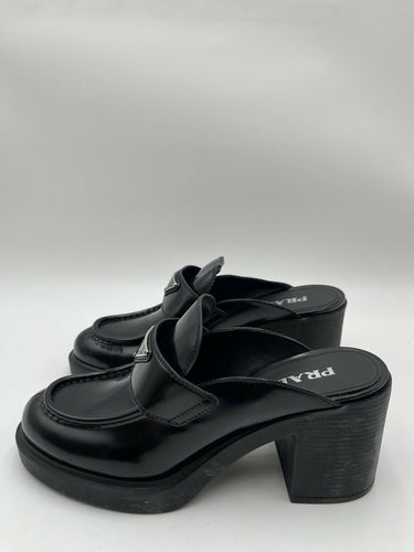 Prada Chocolate brushed leather heeled mules in black Size 41 PRADA
