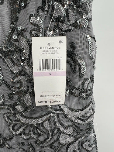 Alex Evenings Sequin Lace Evening Gown Short Sleeve Gunmetal Silver Maxi SIZE 6 Alex Evenings