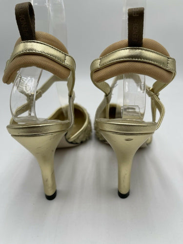 Women’s Fendi Colibrì slingback pumps in a gold, frayed mesh finish Size 37