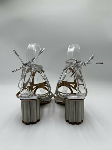 SALVATORE FERRAGAMO Vinci 55mm Glitter Leather Silver Sandals Heels Size 5C