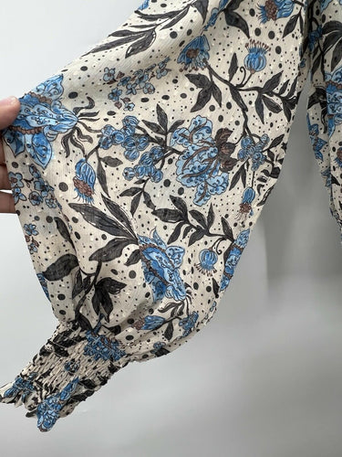 Joie Floral Smocked Hem Blouse Blue Beige Long Sleeve Tie Neck S