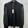 Heartloom Nia Black Top Mock Neck Ribbed Knit Bodice Semi Sheer Ruffle Cuffs M M & M