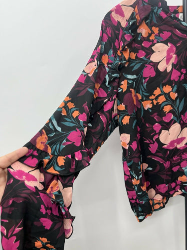Wonderly Blouse Womens Floral Top Ruffle Sleeve V Neck Black Pink Orange XL Orange