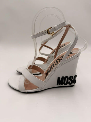 Women’s Moschino Logo Crossover 90mm Wedge Heel Sandals Size 38