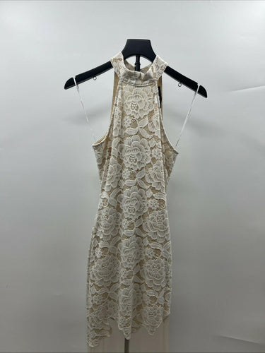 Symphony Long Ivory  Dress with Lace Detail, Keyhole Back, and Sheer Bottom XS