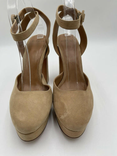 Alexandre Birman Vita Nut Beige Suede Ankle Strap Platform Pumps Size 39
