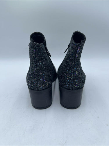 MIA Black Faux Leather/Glitter Round Toe Side Zip Block Heel Ankle Boots Size 5