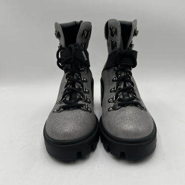 Women’s MONCLER Carol Shimmery Lace Up Ankle Strap Combat Boots Gray Size 35.5