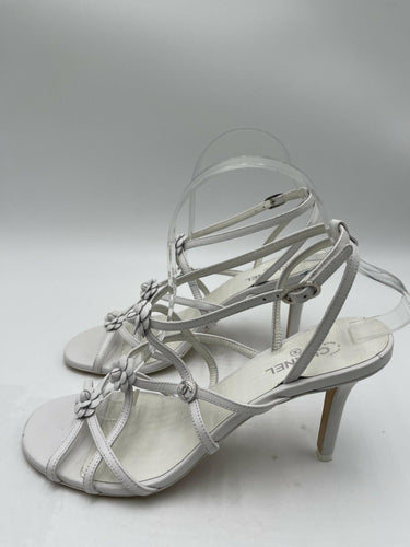 Women’s Chanel floral white  leather heeled sandals Size 39