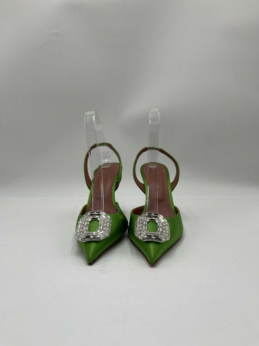 Amina Muaddi Camelia satin slingback 90mm pump in light green Size 38