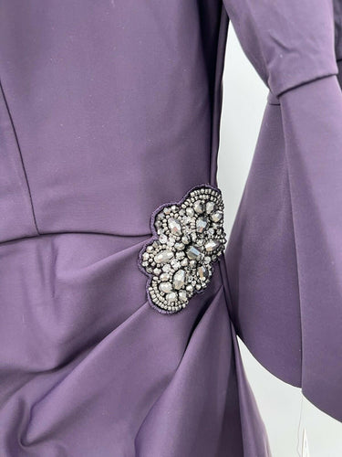 Alex Evenings Dress Aubergine Purple Bell Sleeve Beaded Ruffle Gown 8 Alex Evenings