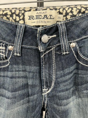 Ariat REAL Denim Jeans Low Rise Boot Cut Dark Wash Embroidered Pocket Womens 25R Ariat