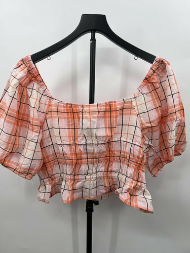 Abound Puff Sleeve Crop Top Orange Pink Plaid Smocked Tie Front NWT - XL